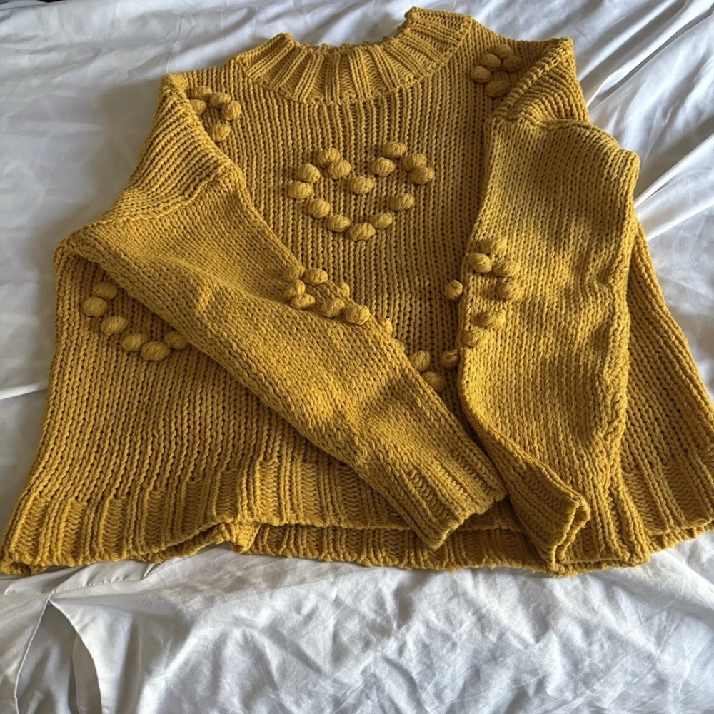Yellow Turtleneck Sweater with Heart Pattern
